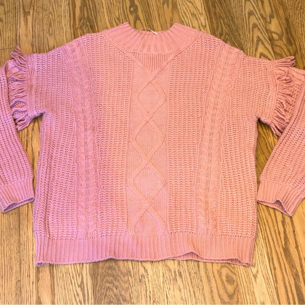 Time and Tru Pink Fringe Cable Knit Sweater - Size L (12-14)